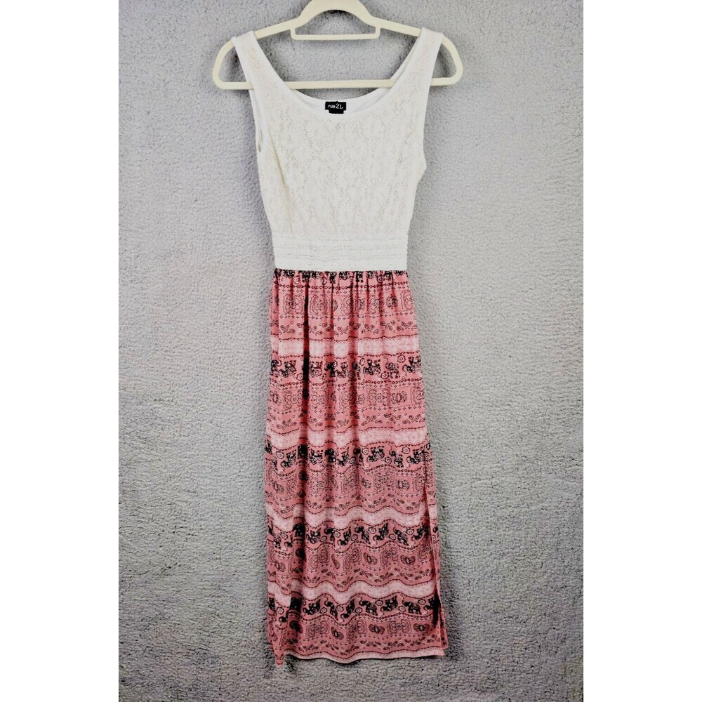 Maxi Dress Juniors Medium White Pink Lace Y2K Patterned Skirt Slit Soft Girl
